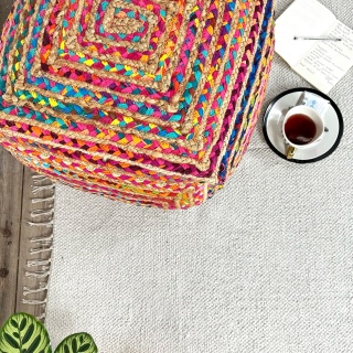 Large, colourful and hard wearing chindi cotton and braided jute square pouffe, ottoman, footrest, low seat